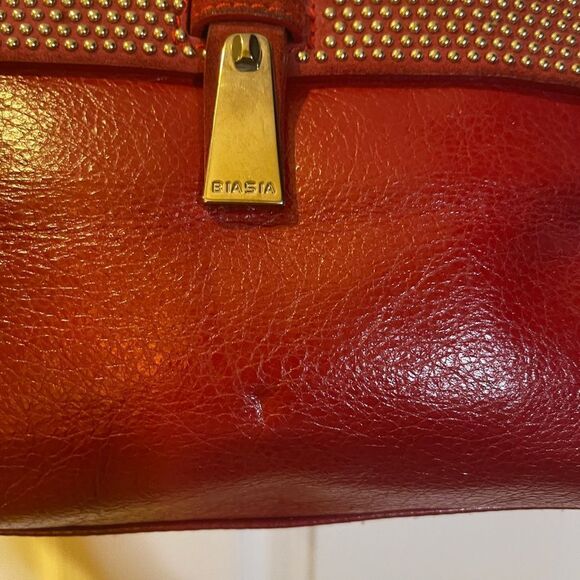 Francesco Biasia leather & suede deep Red medium Satchel gold studs accents. - Picture 5 of 16